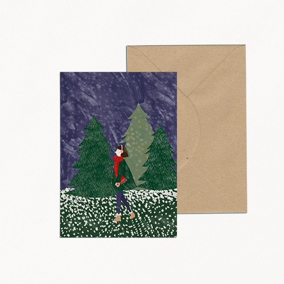 carte de Noël promenade forêt