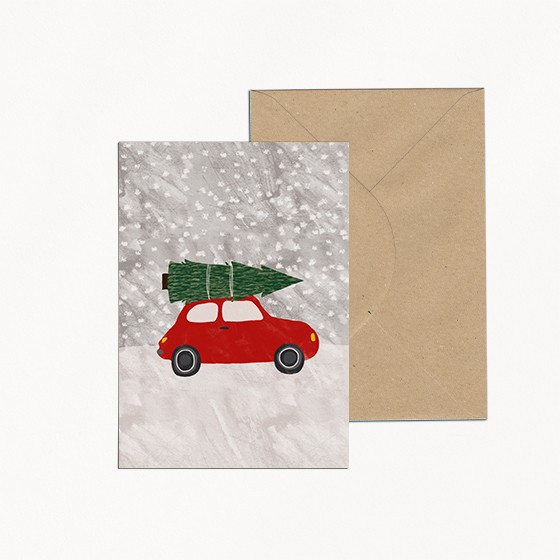 carte noël voiture rouge sapin