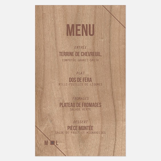 Menu de mariage bois, champêtre, papeterie Folk & wood en bois recto