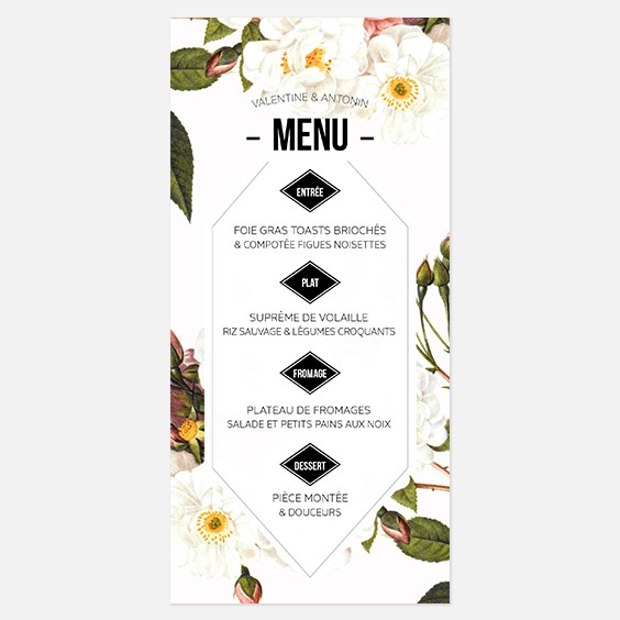 Menu de mariage fleur, papeterie Jardin botanique recto