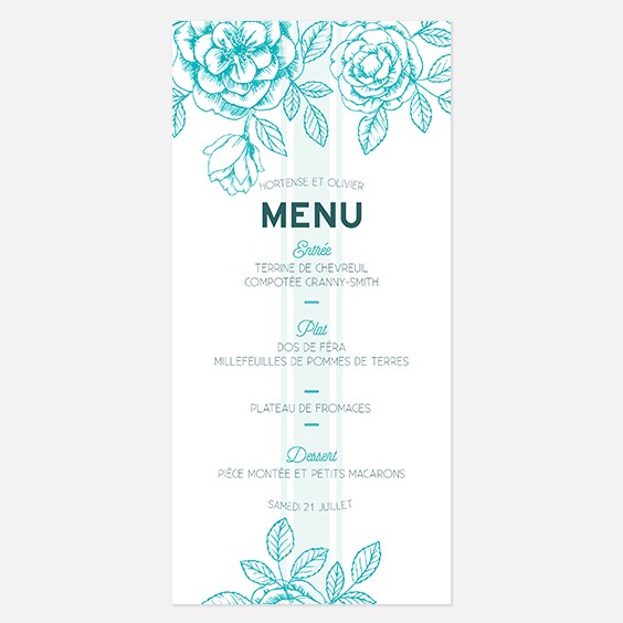 Menu de mariage fleur, papeterie Dame-Jeanne recto