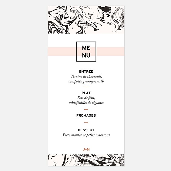 Menu de mariage géometrique, cuivre, papeterie Papier marbre recto
