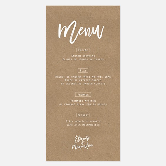 Menu de mariage kraft végétal, naturel, papeterie Organic recto