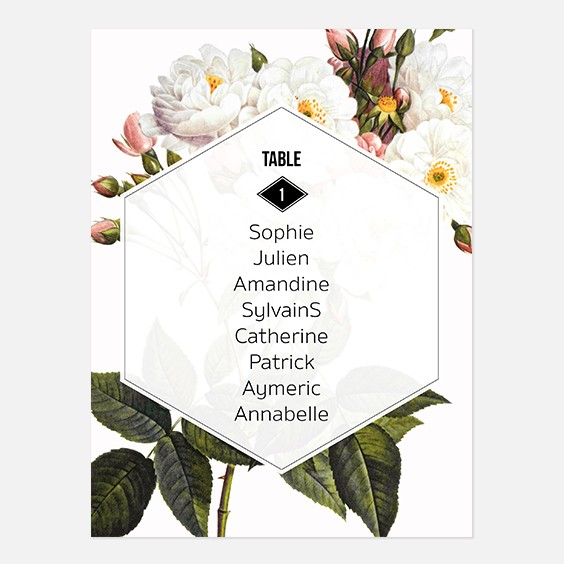 Plan de table de mariage fleur, papeterie Jardin botanique recto