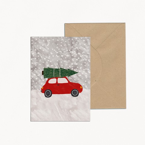 carte noël voiture rouge sapin