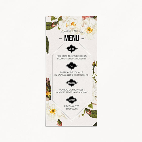 Menu de mariage fleur, papeterie Jardin botanique