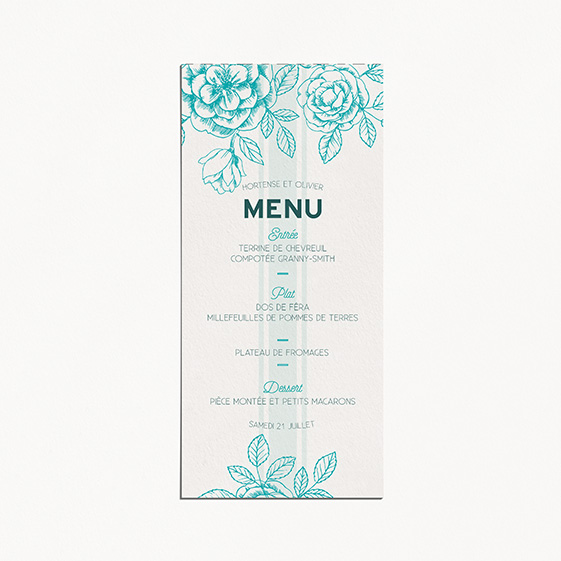 Menu de mariage fleur, papeterie Dame-Jeanne