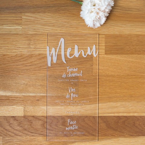 Menu de mariage transparent, plexiglas, papeterie Plexi