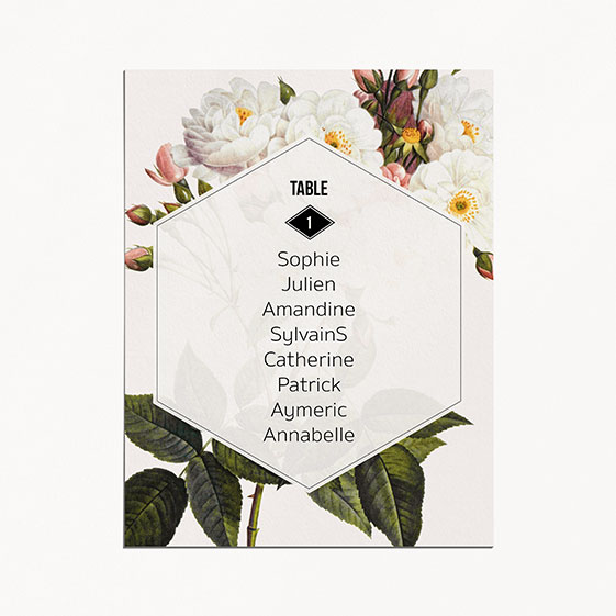 Plan de table de mariage fleur, papeterie Jardin botanique