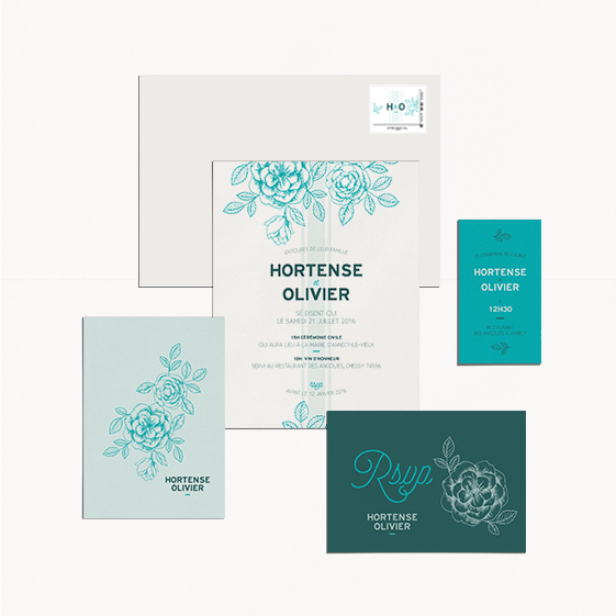 faire-part mariage fleur vintage bleu graphique